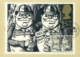LEWIS CARROLL Alice in Wonderland Tweedledum Tweedledee Postcard special hand stamp CAKE 1993 postmark refE223