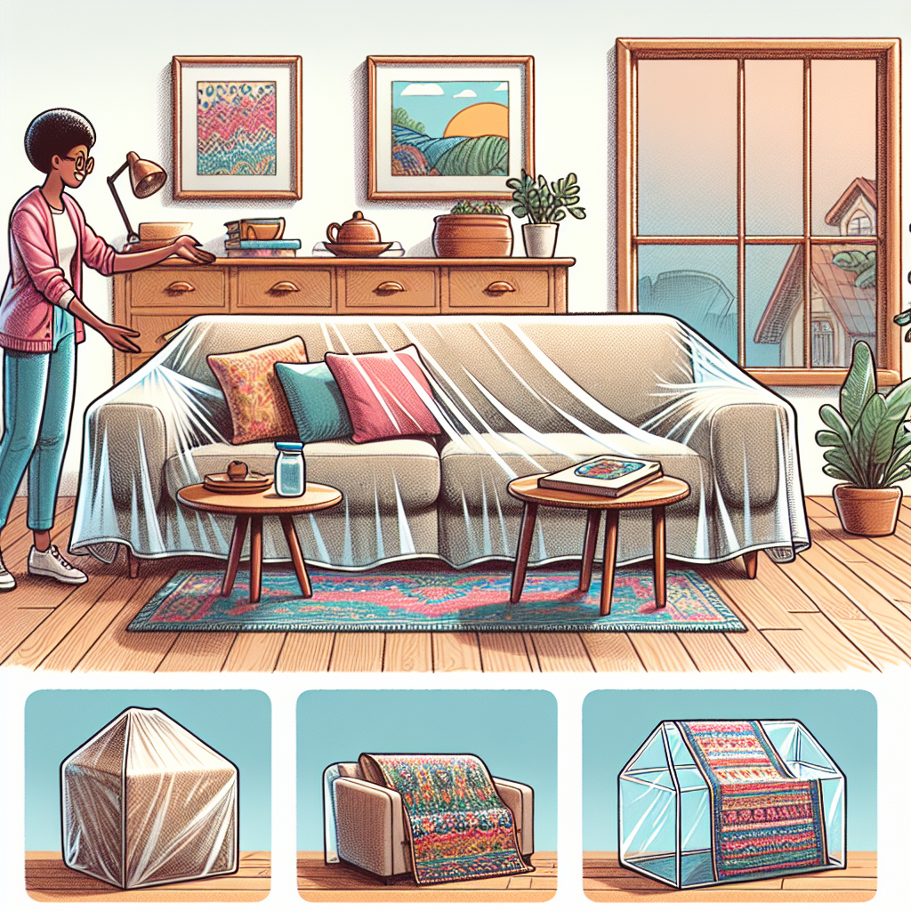 Draw a scene of a home interior with different protective covers. On the couch, depict a plush, patterned fabric cover protecting it from dust and spills. Next to it, on a wooden table, show a transparent, waterproof cover safeguarding memorabilia. On the floor, illustrate a durable, colorful rug acting as a cover protecting the wooden flooring. In the backdrop, portray a window with an eco-friendly, thermal insulating cover, shielding the room from harsh sunlight and cold drafts. Lastly, include a person, a middle-aged Black female, elegantly arranging these covers, expressing satisfaction towards these affordable solutions.