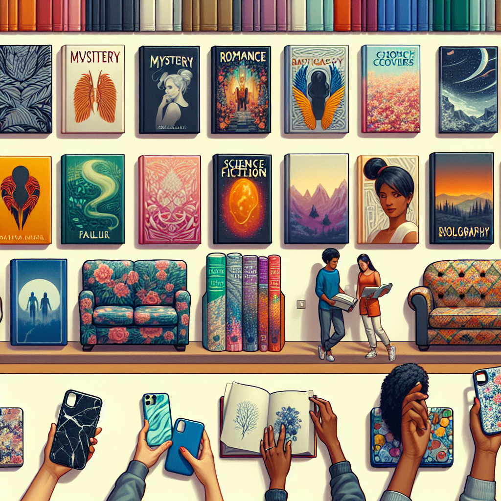 Visualize a diverse collection of book covers, each uniquely designed and colorful. Picture them in a neat row, with each one portraying a different genre: mystery, romance, fantasy, biography, and science fiction. In the foreground, there's a row of phone cases with varying designs - marble, neon, floral patterns, and abstract art. Nearby are couch covers in different styles like rustic, minimalist, modern, and vintage. Include a set of diverse hands, a Black woman selecting a sci-fi book, a Middle-Eastern man browsing phone cases, and an Asian woman examining the couch covers.