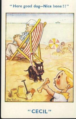 CECIL D.W.Rains dog & bone Deckchair Seaside Vintage Comic Postcard refB1