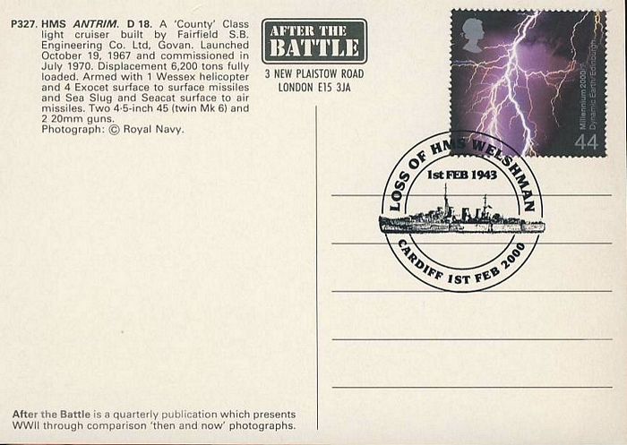 P327 HMS Antrim D18 POSTCARD with Loss of HMS Welshman 1943 Cardiff 2000 shs - Image 3