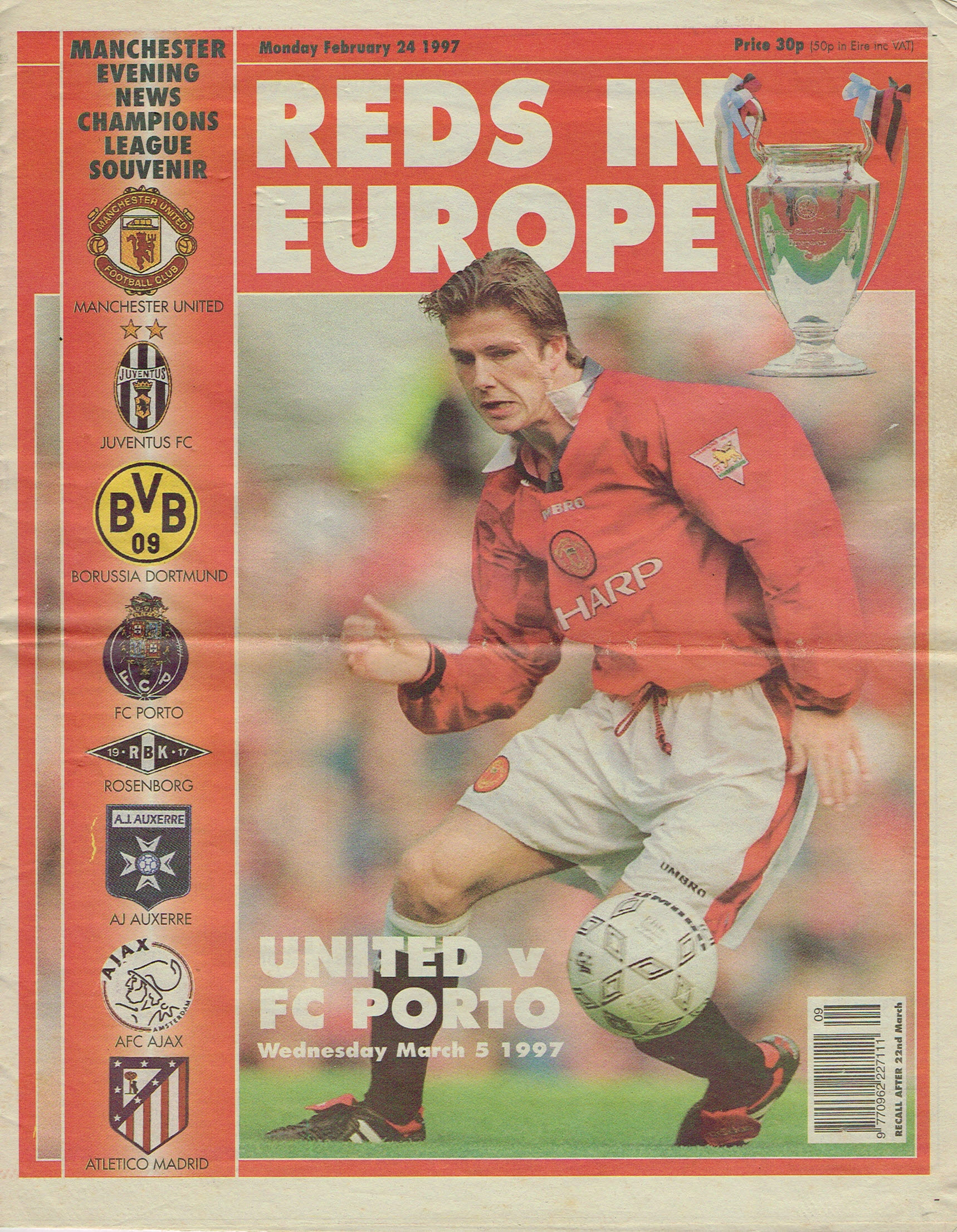 February 24 1997 REDS IN EUROPE Manchester Evening News Champions League Souvenir Vintage Newspaper refS4