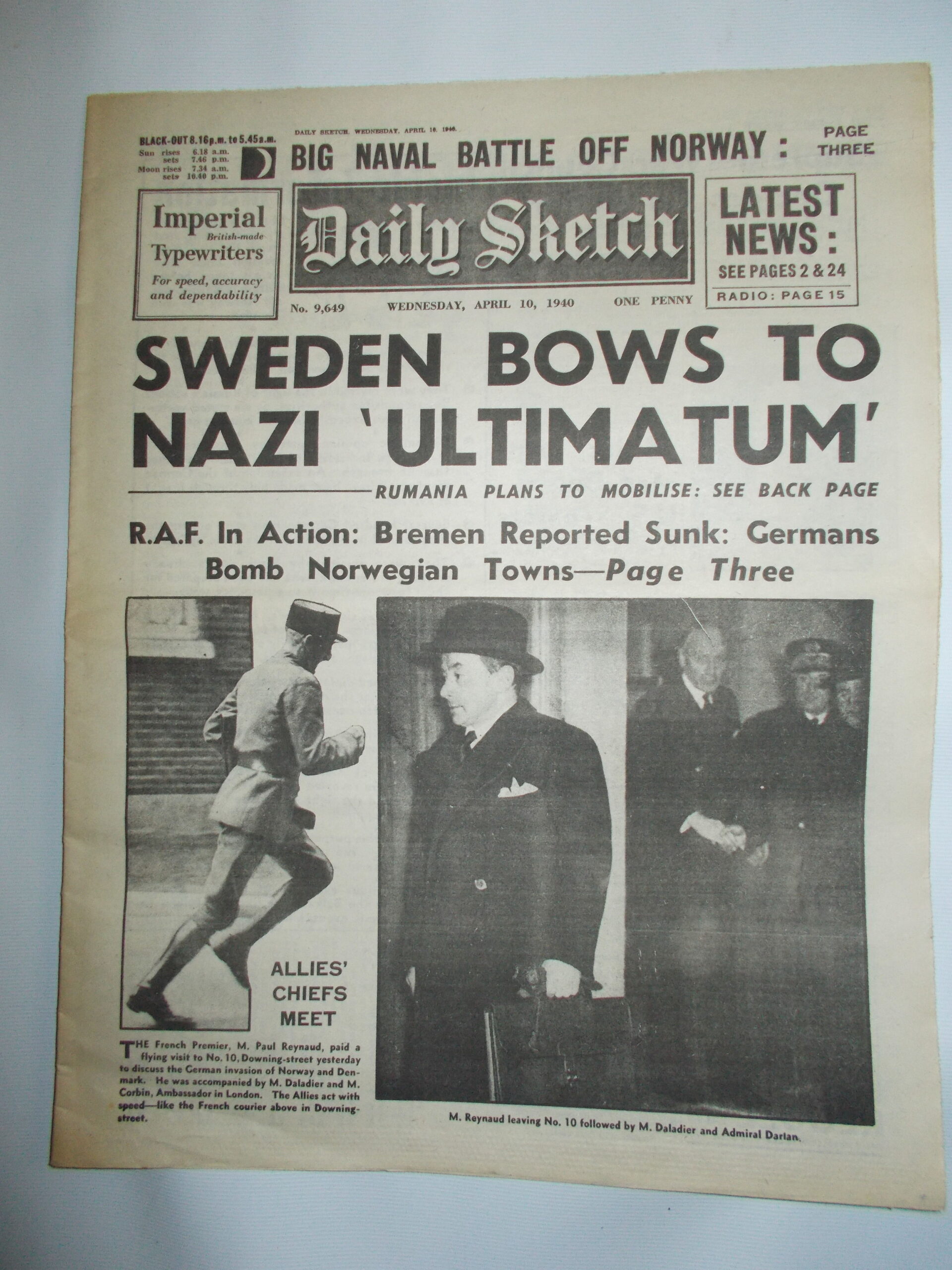 Daily Sketch April 10th 1940 24 page reproduction newspaper history teaching research projects materials RefS4