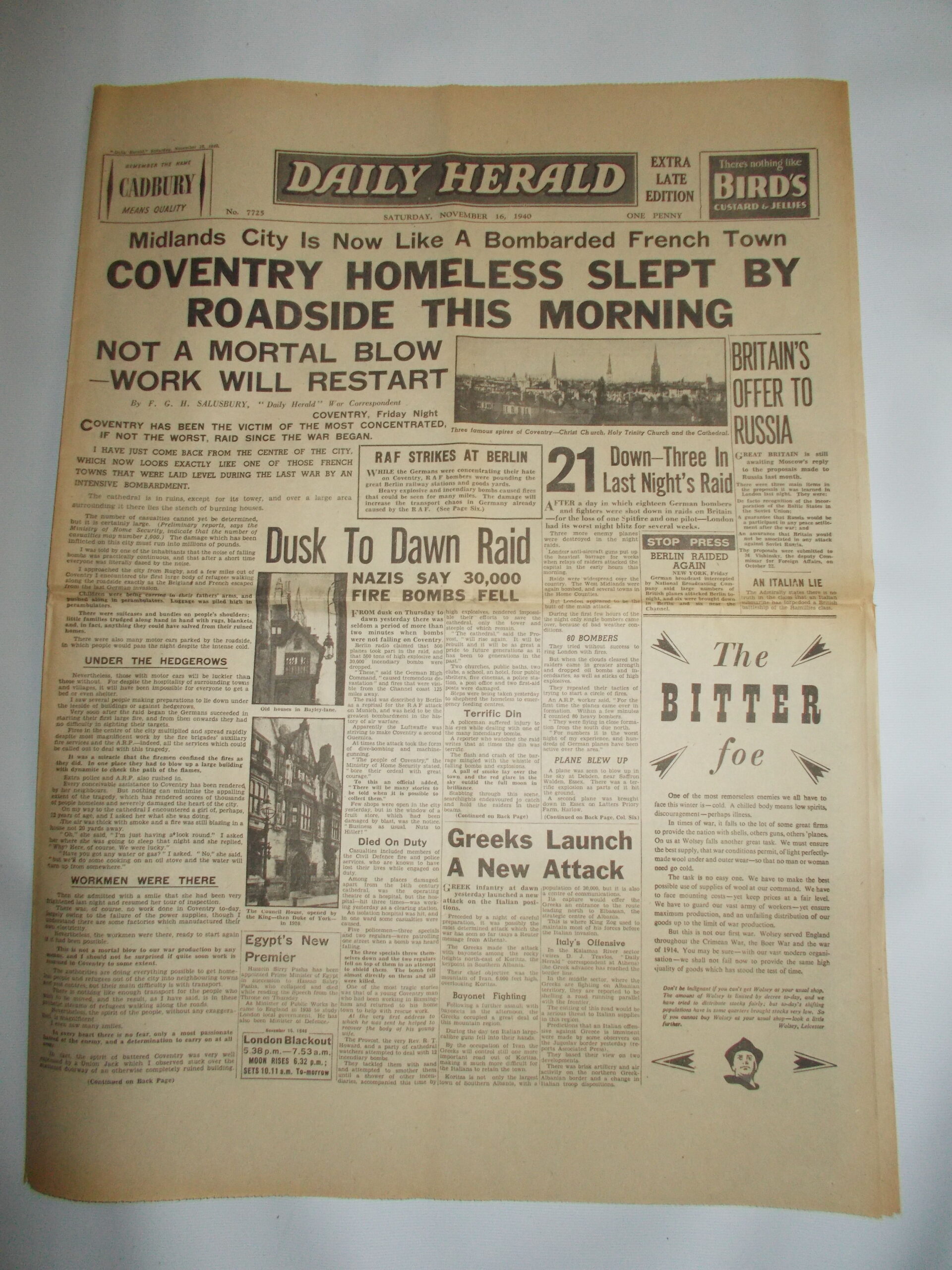 Daily Herald November 16th 1940 4 page reproduction newspaper history teaching research projects materials RefS4