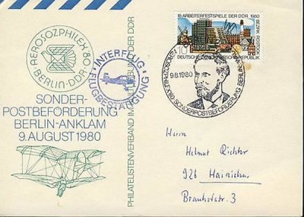 1980 Berlin Anklam DDR Aerosophilex Sonder-Postbeforderung Airmail postcard 1147