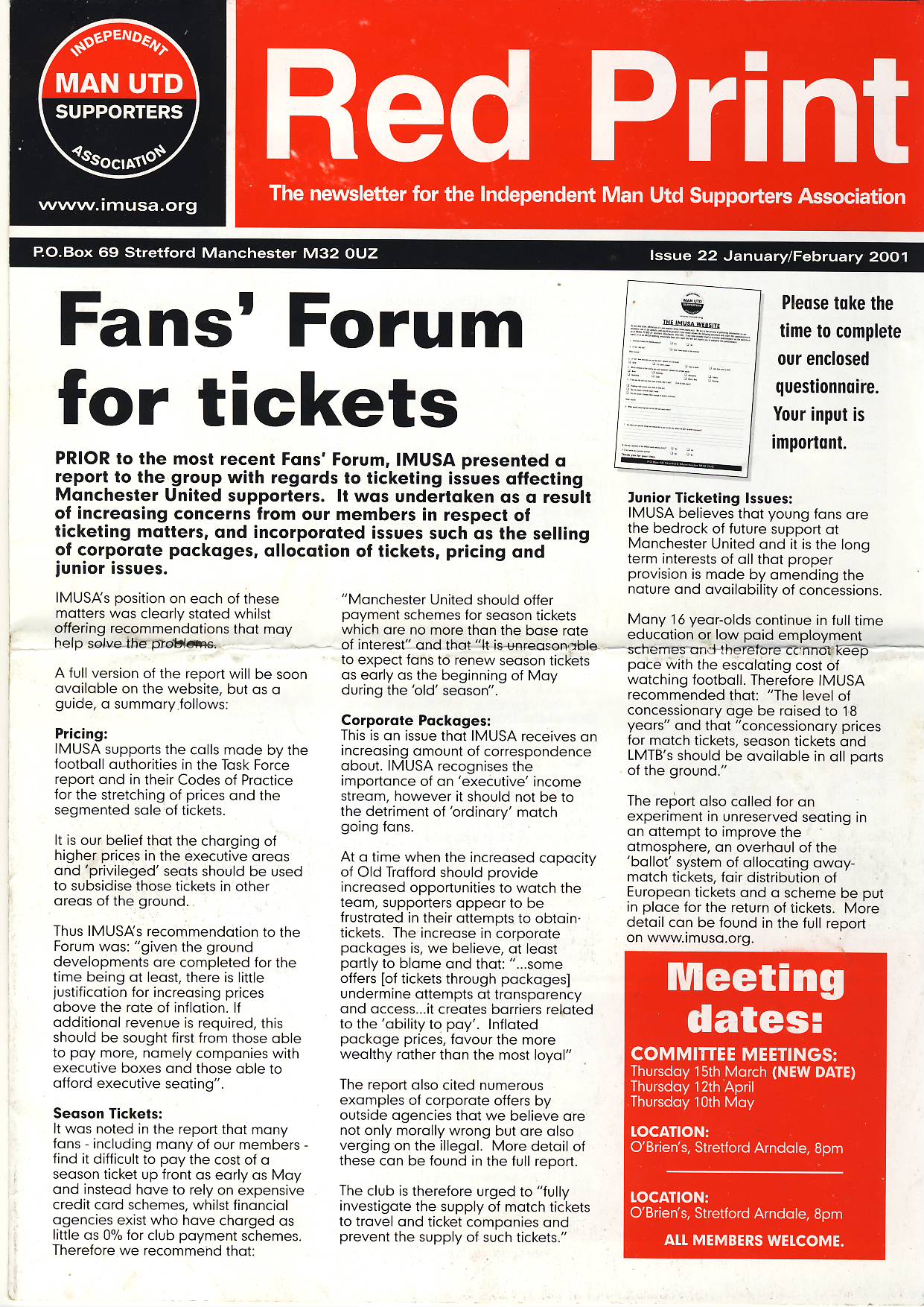 Issue 22 Jan/February 2001 Red Print MANCHESTER UTD Football Newsletter ref101770