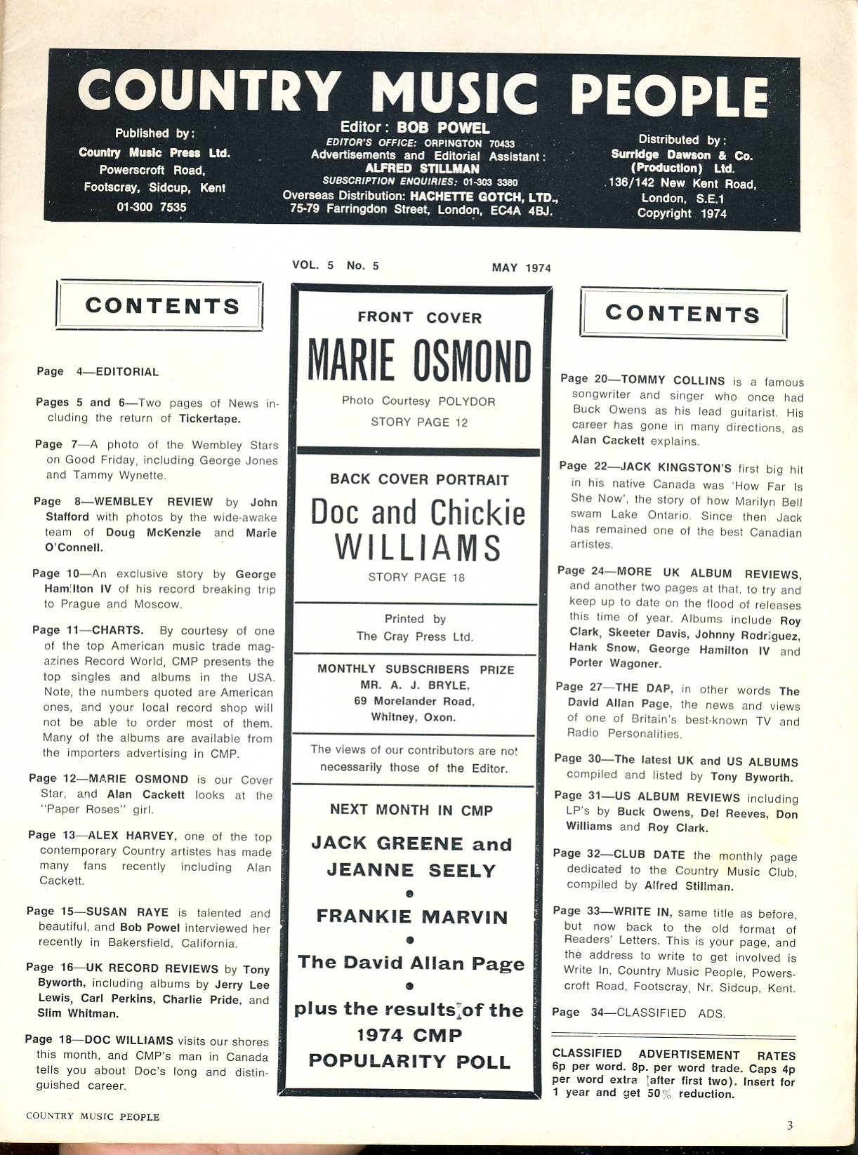 1974 May Country Music People magazine MARIE OSMOND ref102301