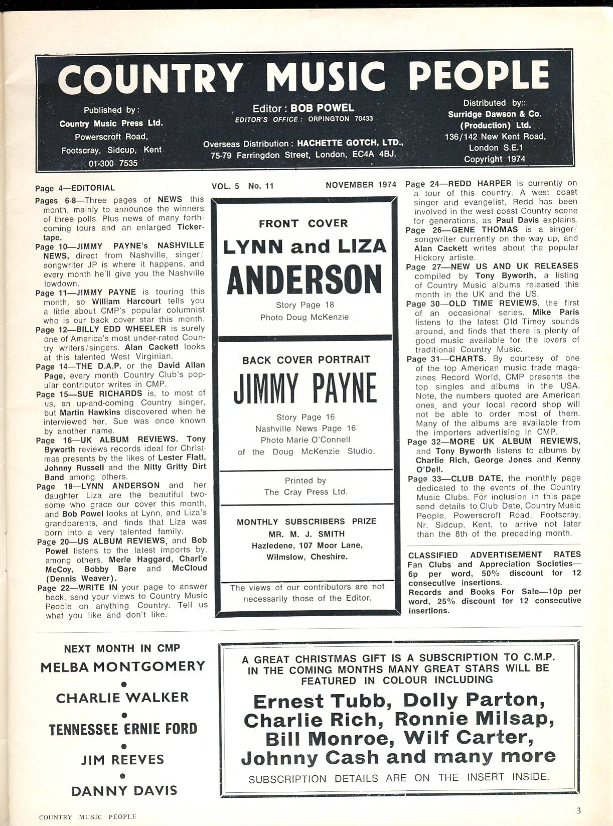 1974 November Country Music People magazine LYNN and LIZA ANDERSON ref102304