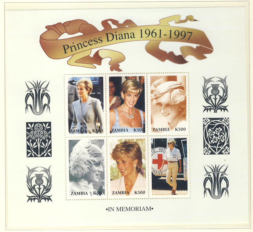 Princess Diana in Memoriam Zambia 6 x K500 stamp sheetlet 1961-1997 refDA152