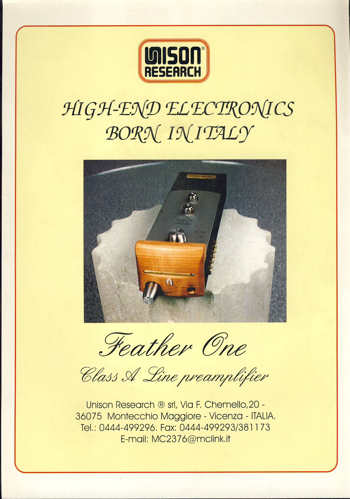 Feather One Class A Line preamplifier promo leaflet by High end electronics unison research refA1