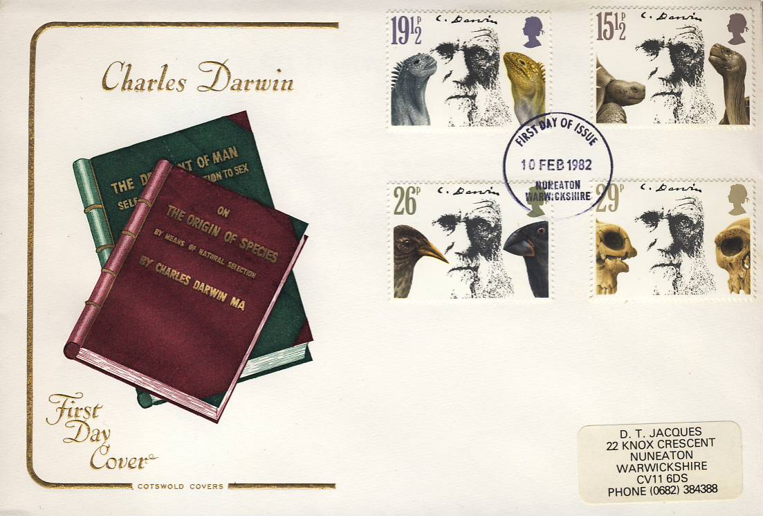 CHARLES DARWIN 1982 fdi Nuneaton Cotswold Stamp Cover refG107