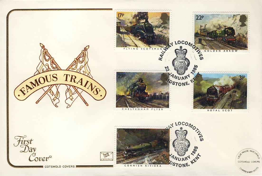 MAIDSTONE KENT 1985 Famous Trains FDC Cotswold Stamp Cover refG113