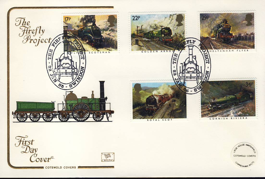 SWINDON 1985 FIREFLY Famous Trains FDC Cotswold Stamp Cover refG114