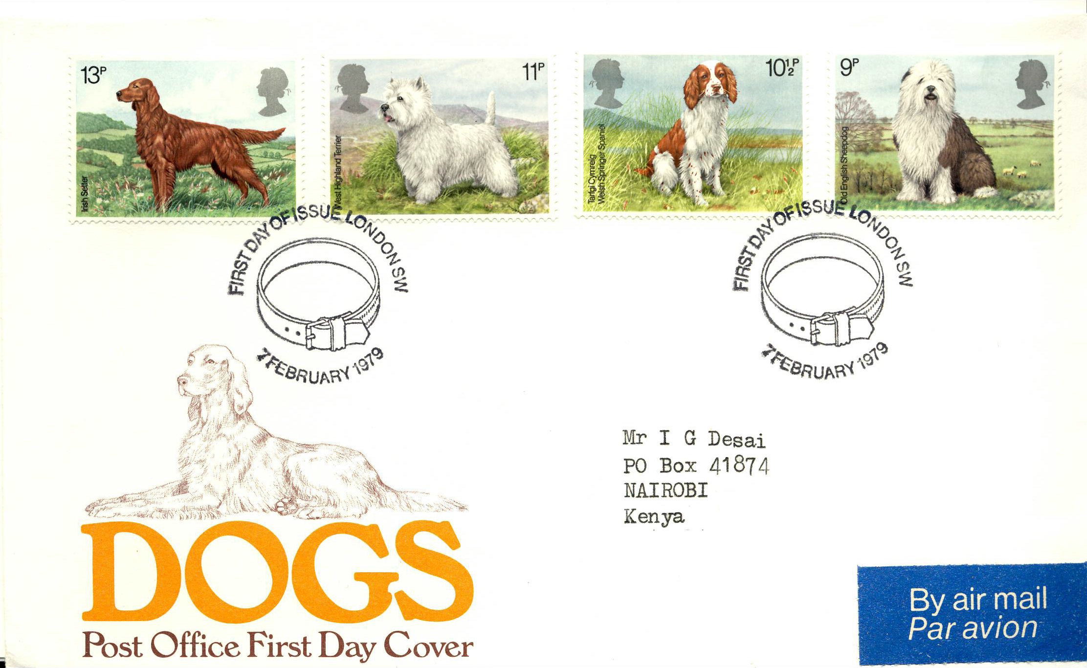 1979-02-07 Dogs Stamps FDC LONDON SW collar postmark AIRMAIL NAIROBI refG610