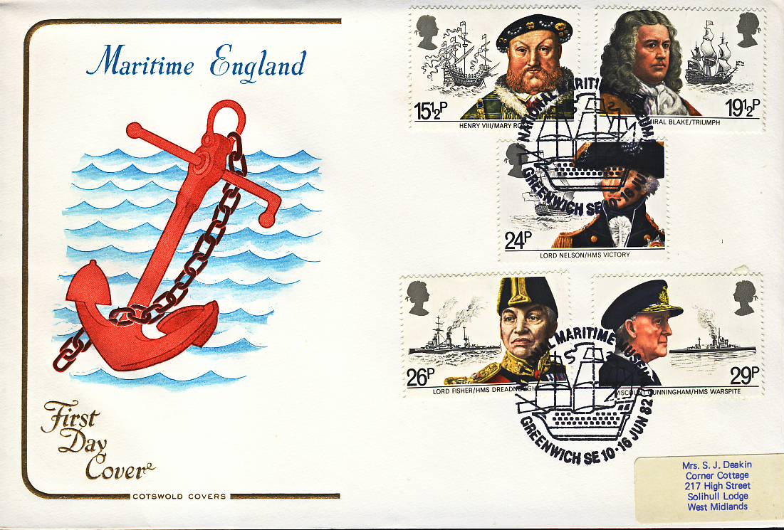 1982-06-16 Maritime Heritage Stamps FDC GREENWICH Cotswold Cover refH124