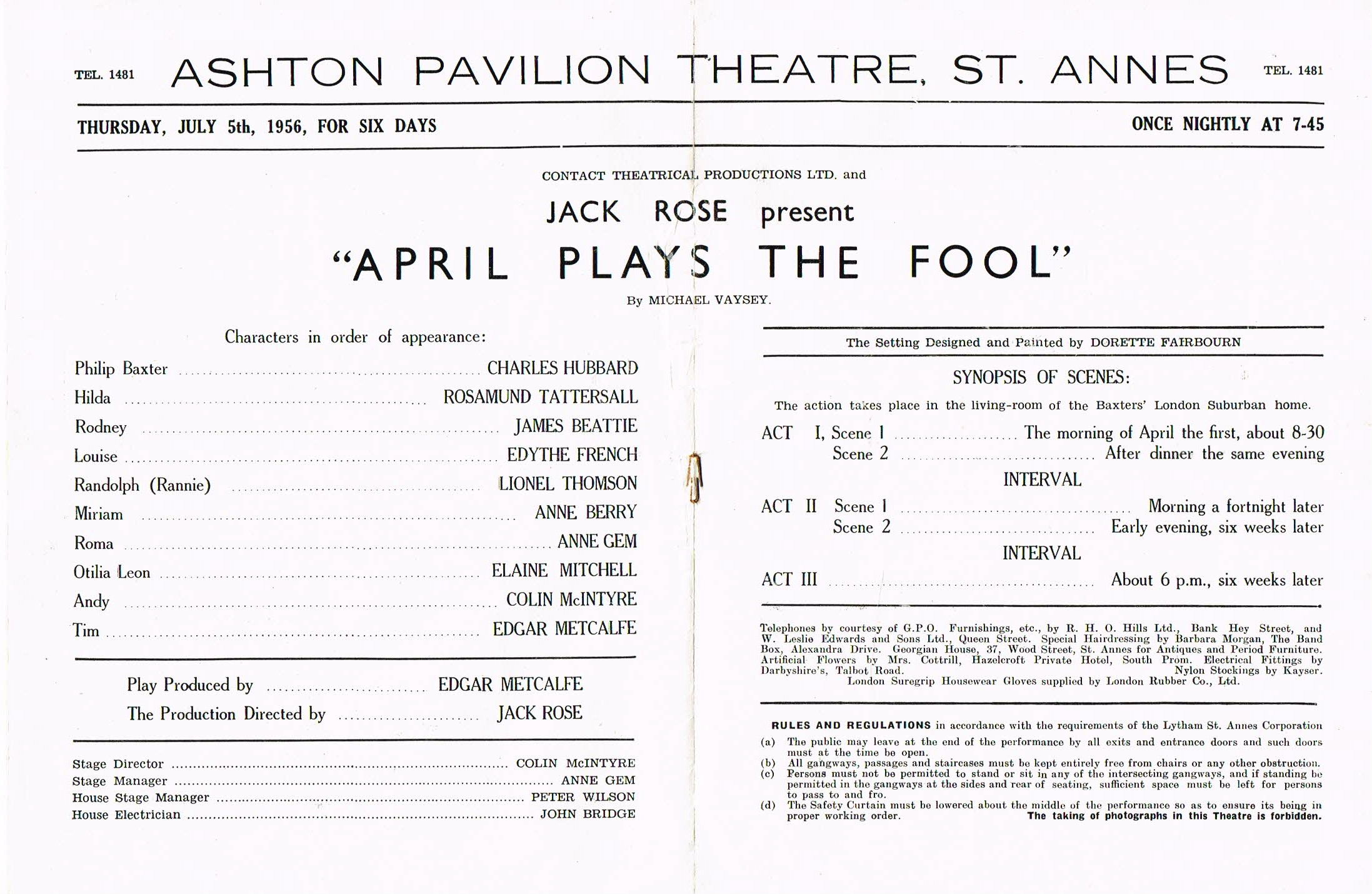 April Plays the Fool 1956 St Annes on Sea ASHTON PAVILION theatre Programme refb16 - Image 2