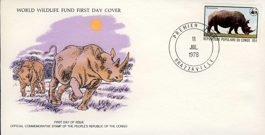 The Square-lipped Rhinoceros Africa BRAZZAVILLE CONGO 1978 Stamp World Wildlife Fund First Day Cover FDC refWWF55