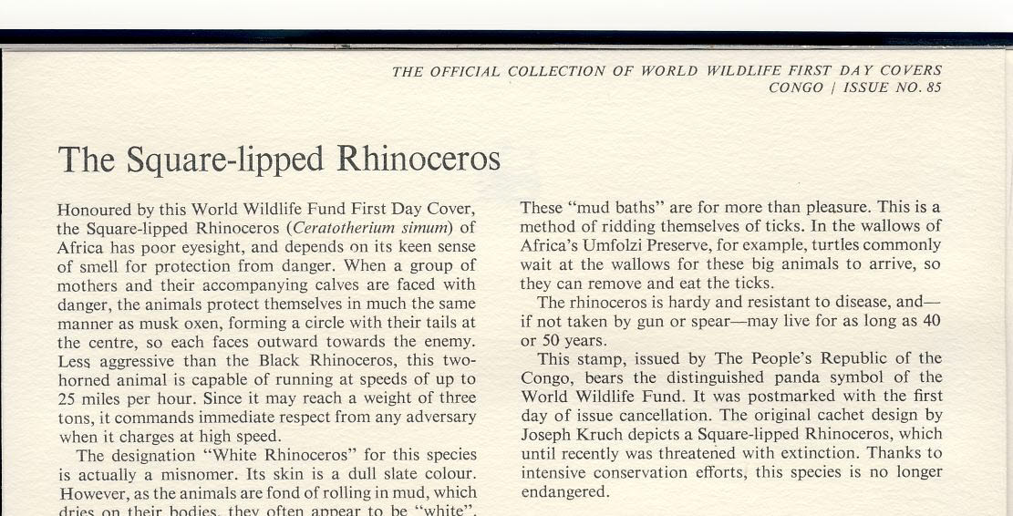 The Square-lipped Rhinoceros Africa BRAZZAVILLE CONGO 1978 Stamp World Wildlife Fund First Day Cover FDC refWWF55 - Image 2