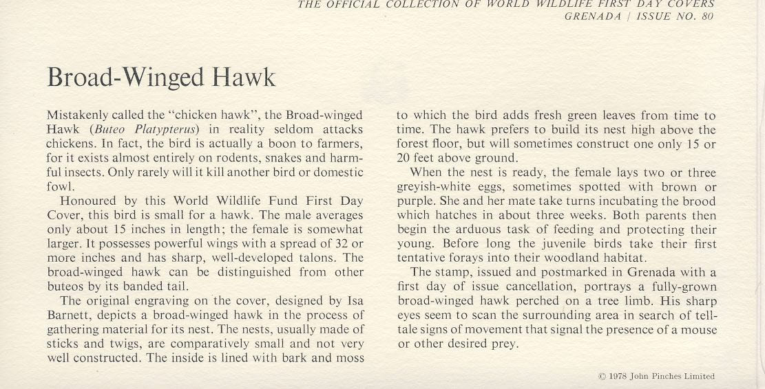 Broad-Winged Hawk bird GRENADA 1978 Stamp World Wildlife Fund First Day Cover FDC refWWF62 - Image 2