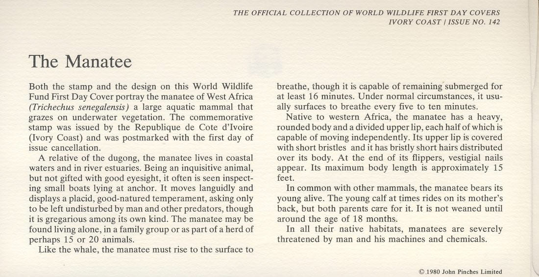 The Manatee IVORY COAST Abidjan 1979 Stamp World Wildlife Fund First Day Cover FDC refWWF10 - Image 2