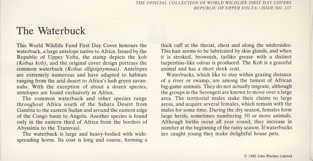 The Waterbuck antelope OUAGADOUGOU VOLTA 1979 Stamp World Wildlife Fund First Day Cover FDC refWWF17 - Image 2