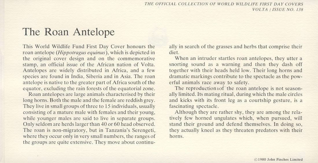 The Roan Antelope OUAGADOUGOU VOLTA 1979 Stamp World Wildlife Fund First Day Cover FDC refWWF18 - Image 2