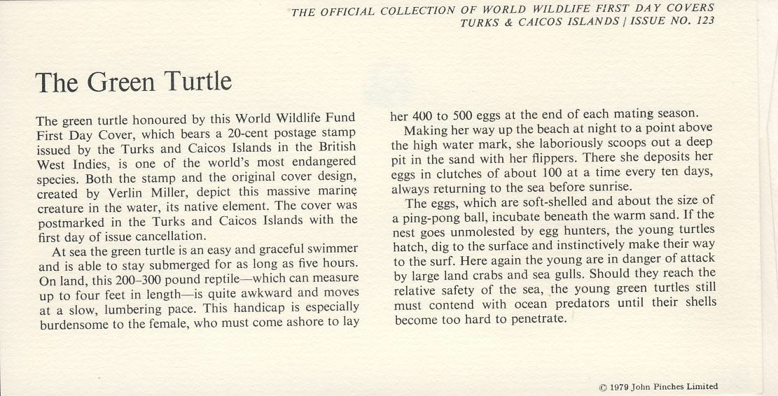 Green Turtle TURKS & CAICOS ISLANDS 1979 Stamp World Wildlife Fund First Day Cover FDC refWWF30 - Image 2