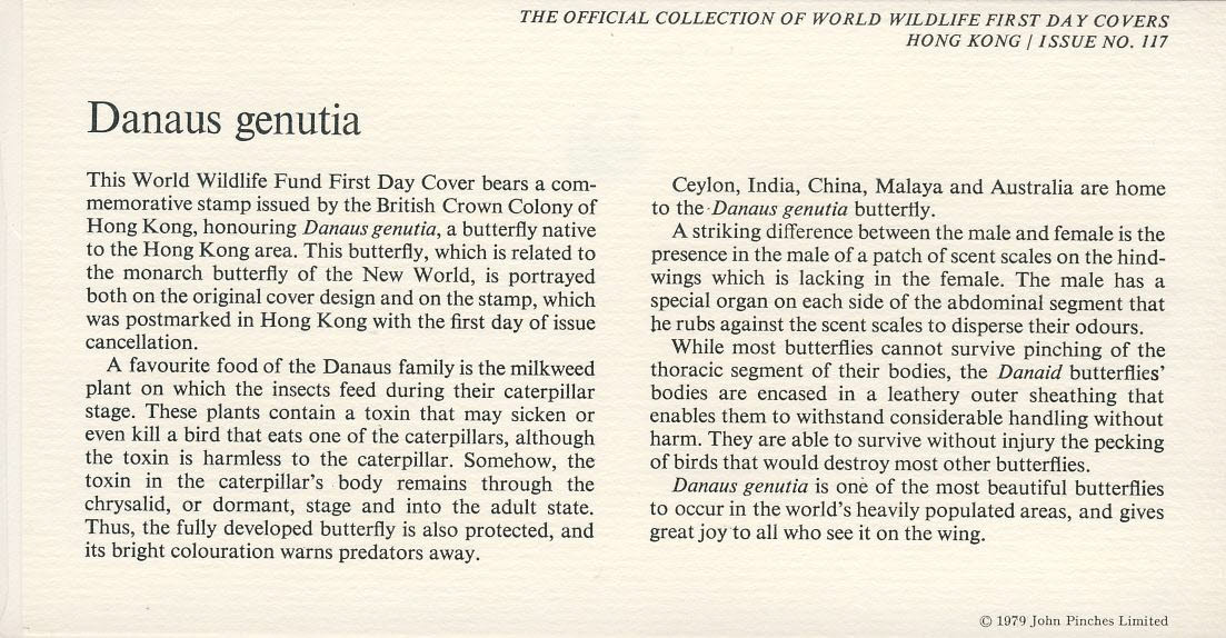 Danaus genutia butterfly HONG KONG Stamp 1979 World Wildlife Fund First Day Cover FDC refWWF3 - Image 2