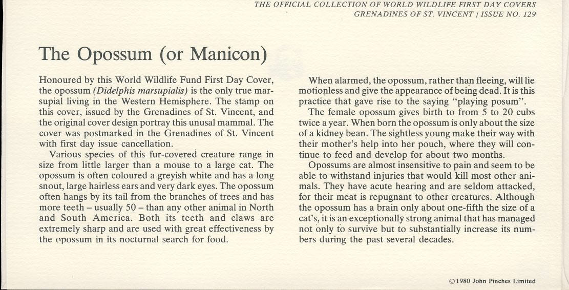 The Opossum Manicon GRENADINES OF ST. VINCENT 1979 Stamp World Wildlife Fund First Day Cover FDC refWWF33 - Image 2