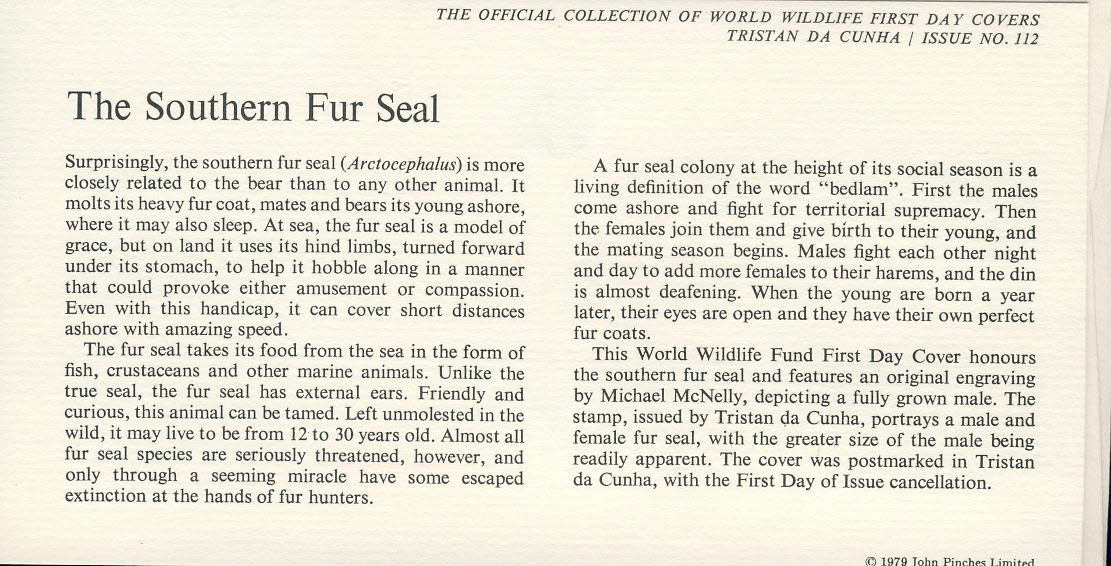 Southern Fur Seal TRISTAN DA CUNHA 1979 Stamp World Wildlife Fund First Day Cover FDC refWWF34 - Image 2