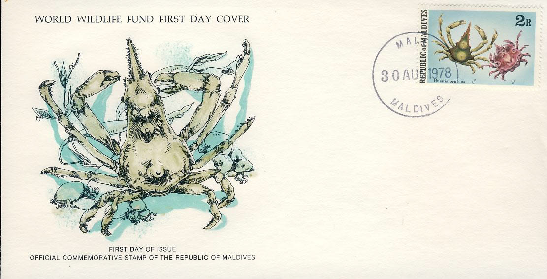 Huenia proteus spider crab MALE MALDIVES 1978 Stamp World Wildlife Fund First Day Cover FDC refWWF38