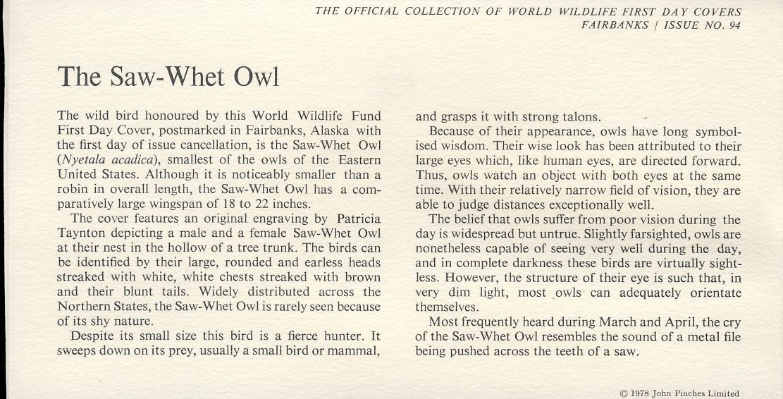 The Saw-Whet Owl wild bird FAIRBANKS ALASKA 1978 Stamp World Wildlife Fund First Day Cover FDC refWWF46 - Image 2