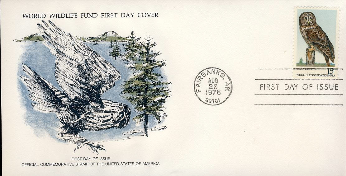 The Great Gray Owl bird FAIRBANKS ALASKA 1978 Stamp World Wildlife Fund First Day Cover FDC refWWF51