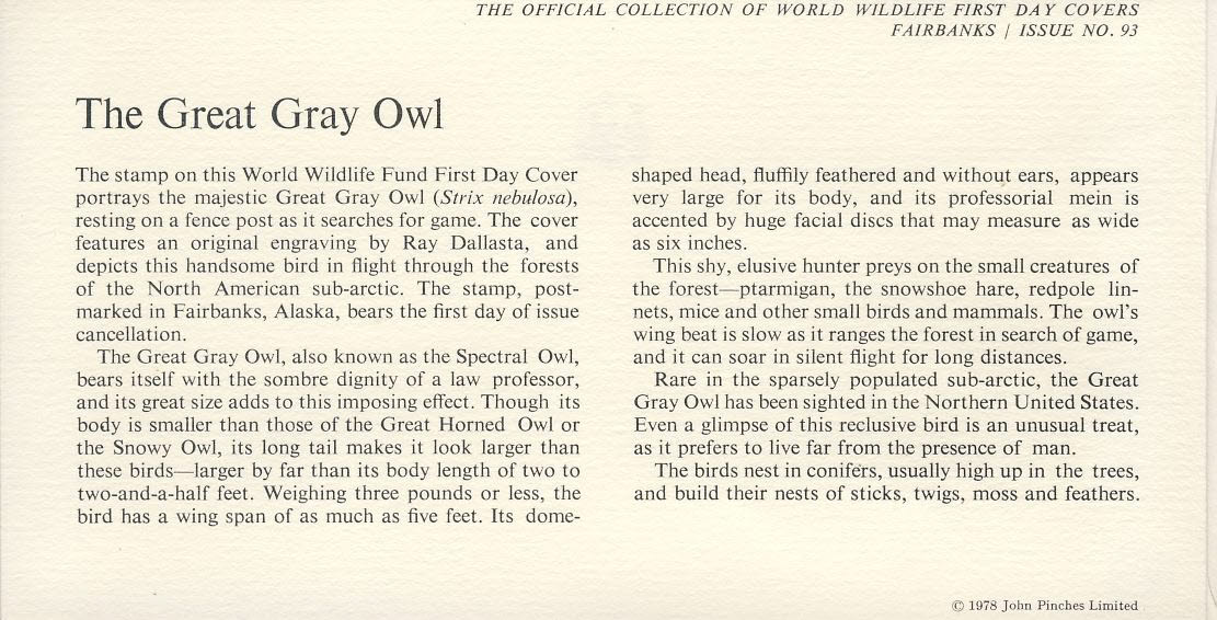 The Great Gray Owl bird FAIRBANKS ALASKA 1978 Stamp World Wildlife Fund First Day Cover FDC refWWF51 - Image 2