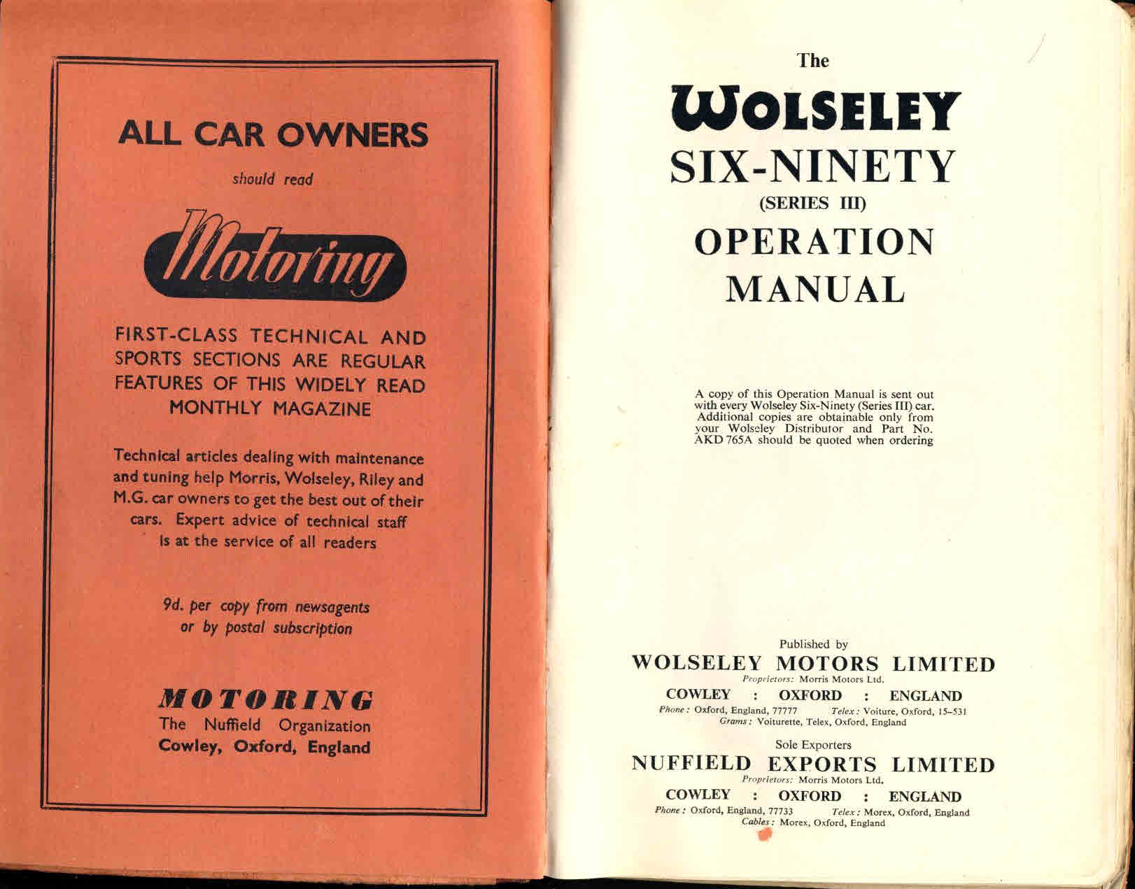 VINTAGE TheWolseley Six-Ninety (series III) Operation Manual HB Book ref115 - Image 2
