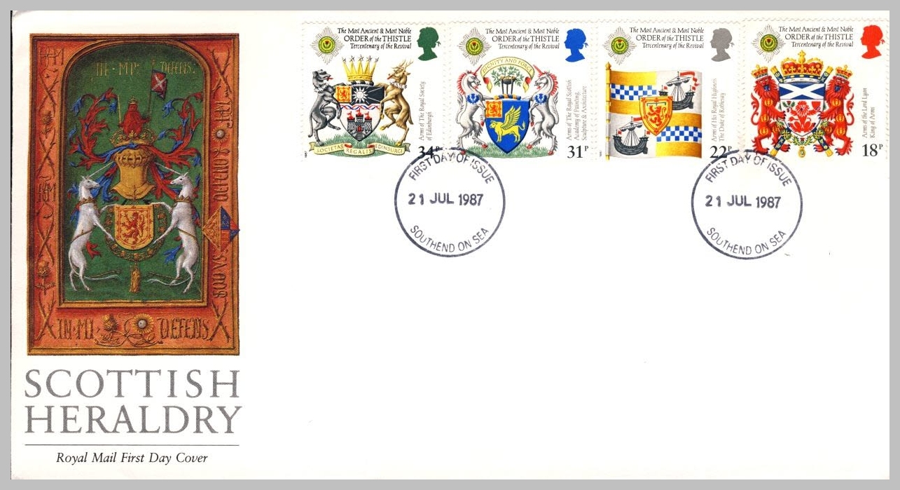 1987-07-21 Scottish Heraldry Stamps FDC Southend-on-Sea postmark fdi refE238