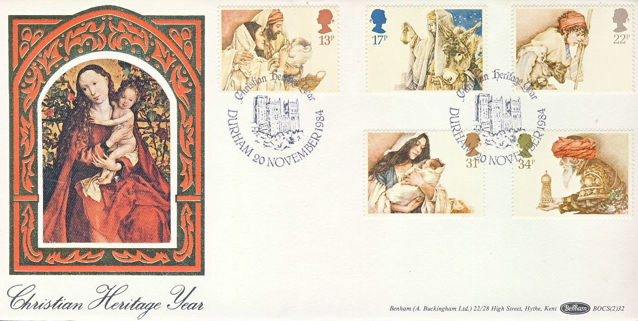 Christian Heritage Year DURHAM 1984 Madonna Child silk Christmas stamps cover refD167