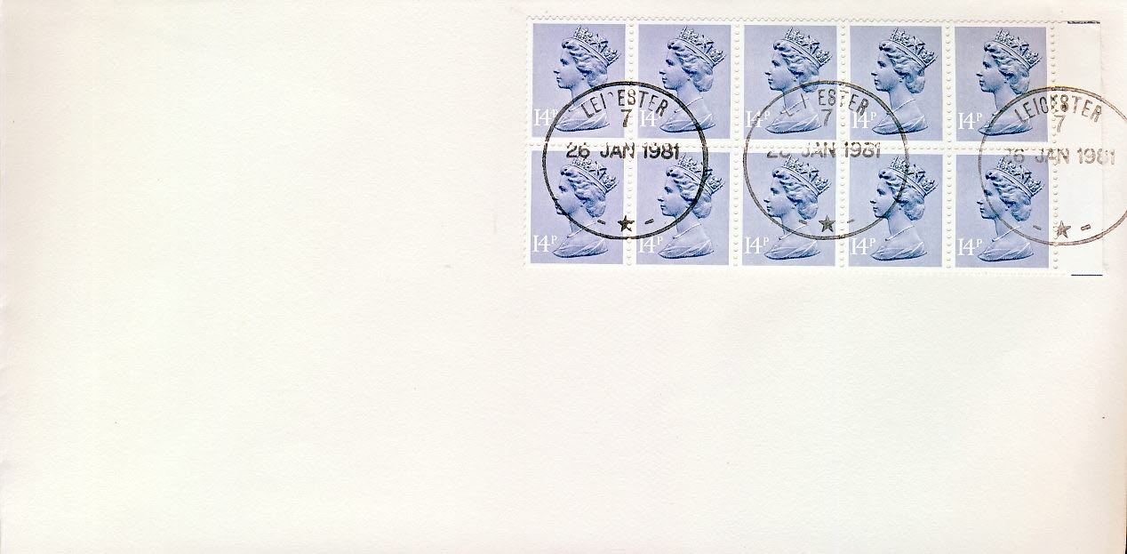 1981 14p x 10 strip Definitive Stamps Cover CDS Leicester 7 star refd6