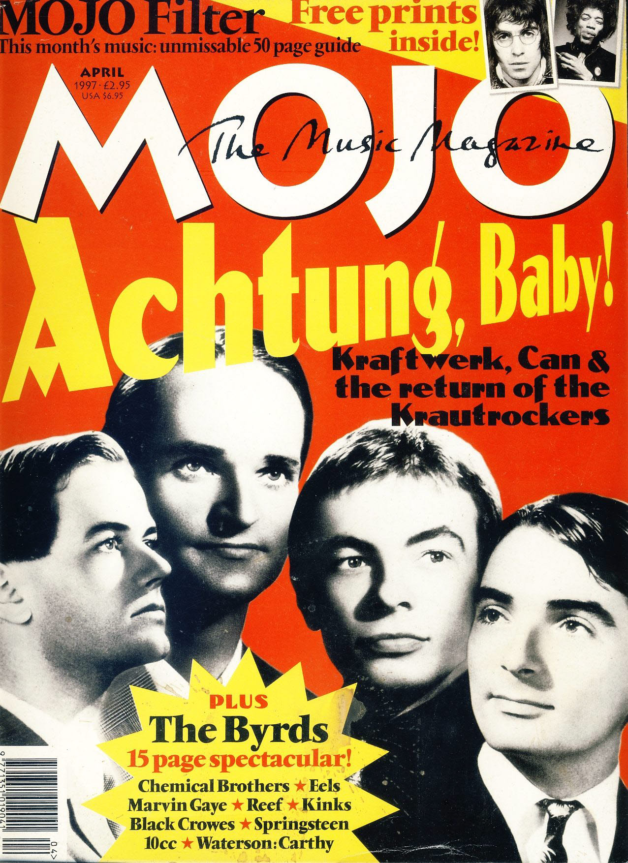 MOJO Music magazine April 1997 with 2 prints inside Jimi Hendrix, Liam Gallagher ref101560