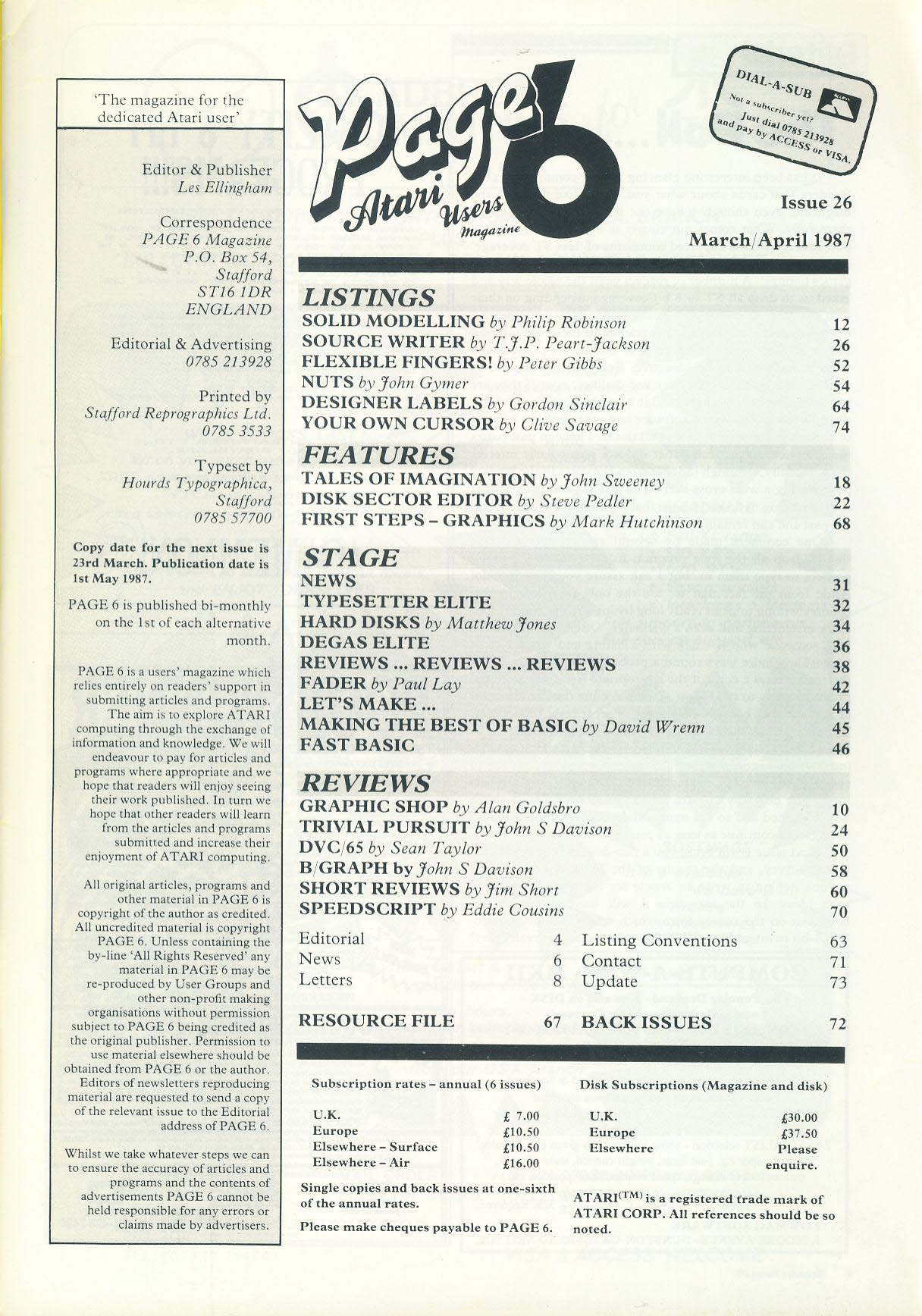 ATARI Page 6 #26 1987 computer magazine SOLID MODELLING 3D designs ref101147