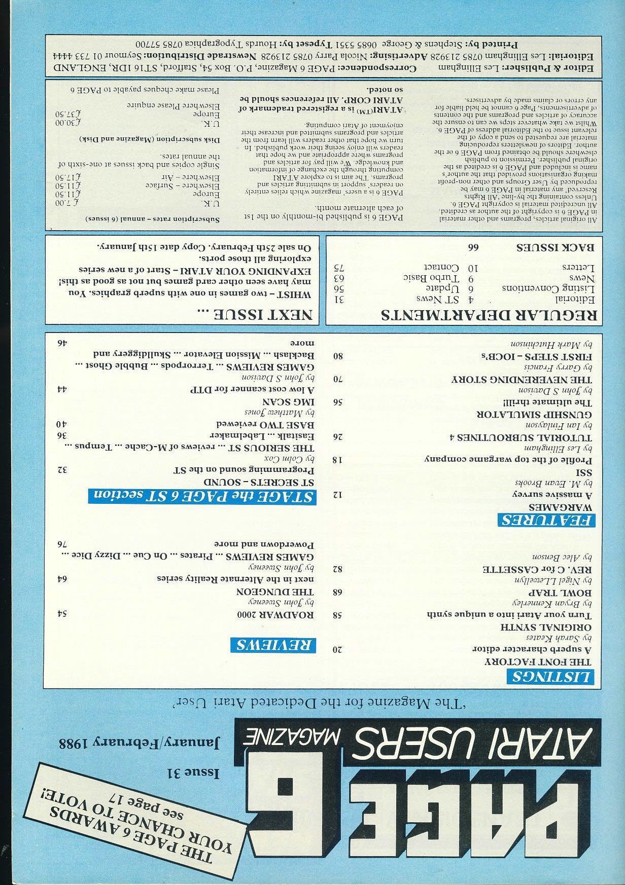 PAGE 6 1988 ATARI computer magazine WARGAMES Original SYNTH ref100402