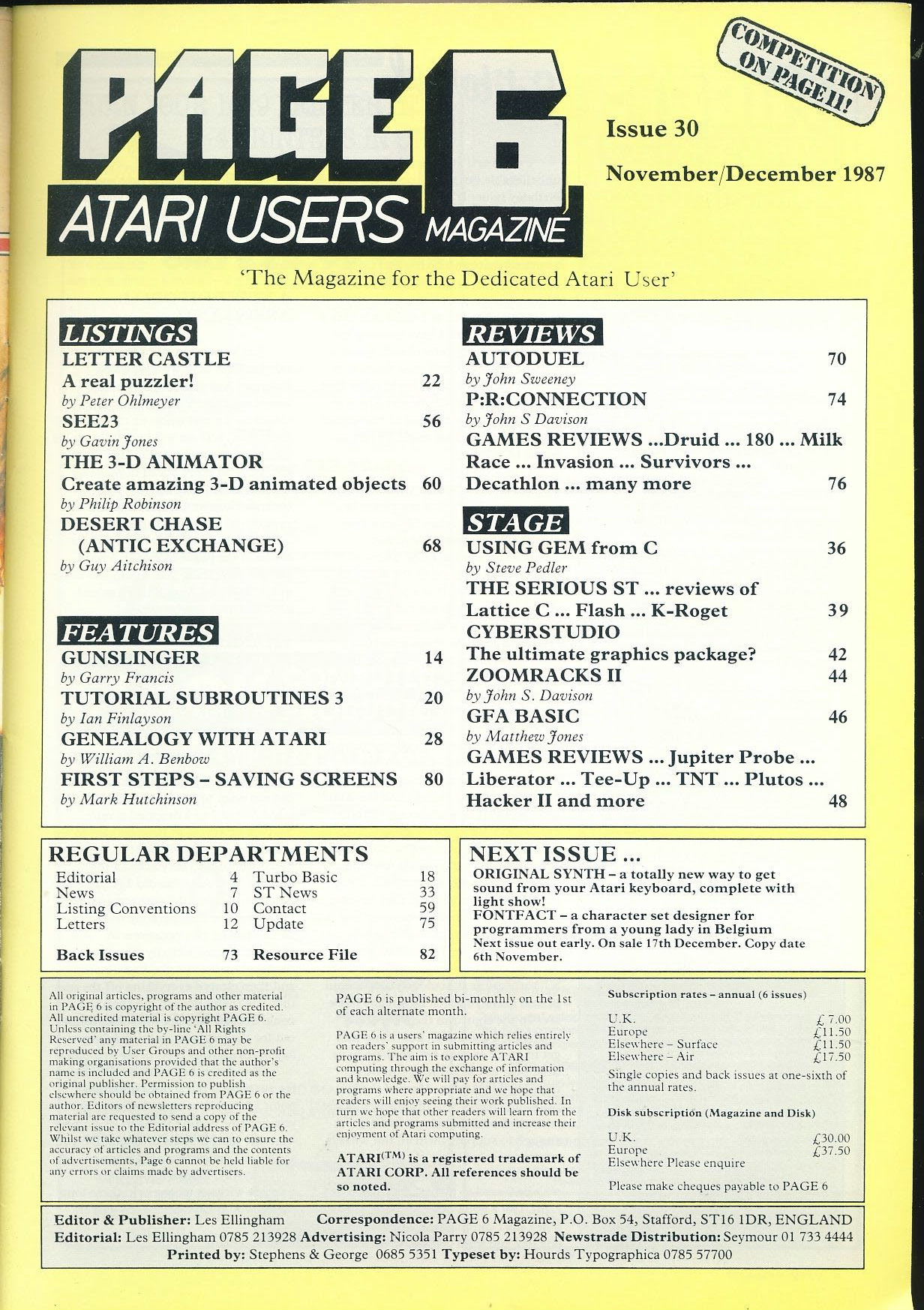 PAGE 6 1987 ATARI computer magazine AUTODUEL ST GEM from C Cyberstudio ref100405