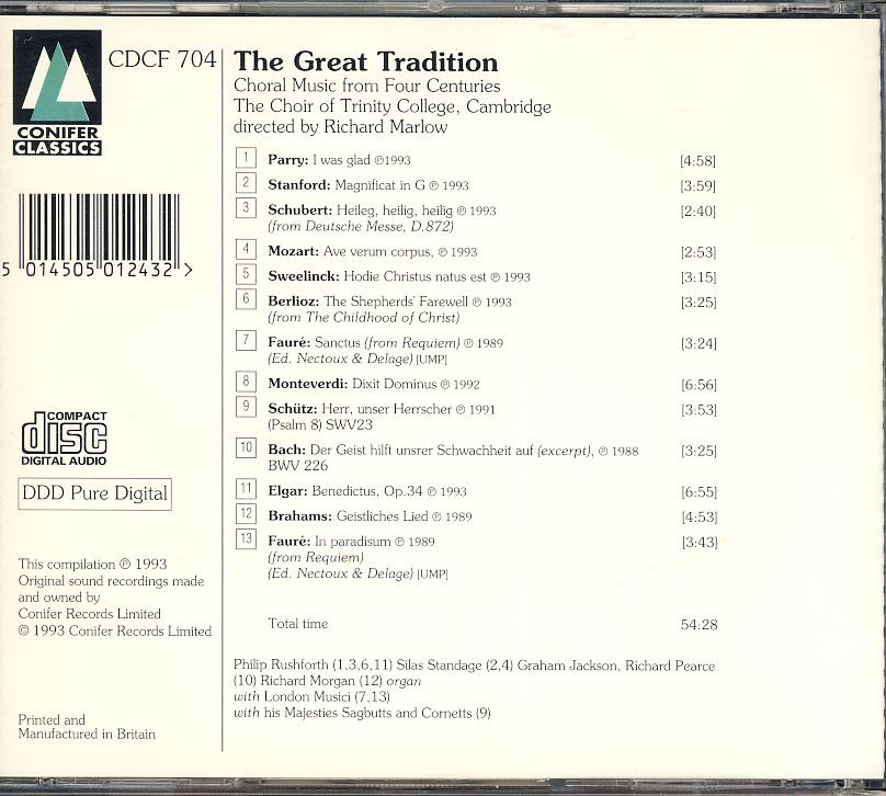 The Great Tradition Choir of Trinity College Cambridge, Richard Marlow, Choral Music From Four centuries CDCF 704 refm1134 - Image 2