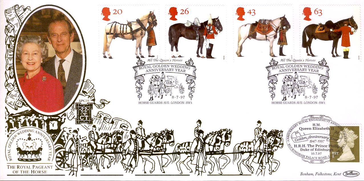 1997 LTD EDITION 22ct Real Gold Royal Golden Wedding Anniversary Horse Guards Benham Cover