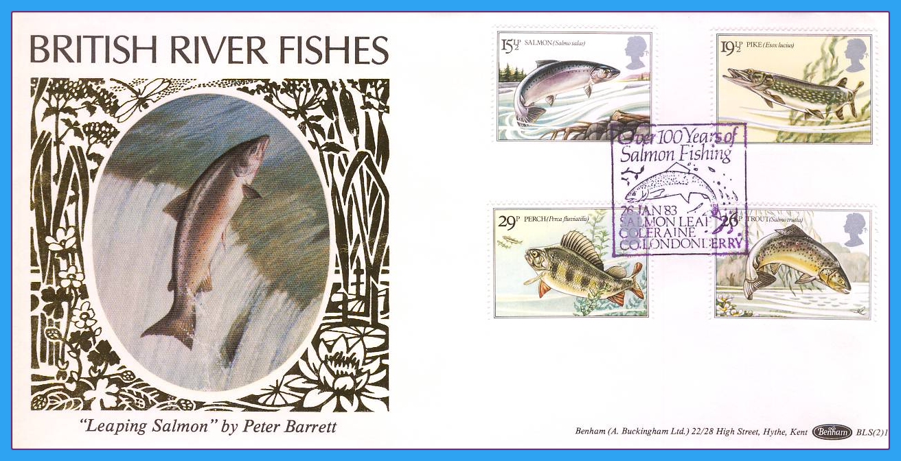 1983 British River Fishes Stamps Benham FDC BLS(2)1 SALMON Coleraine shs rcd78