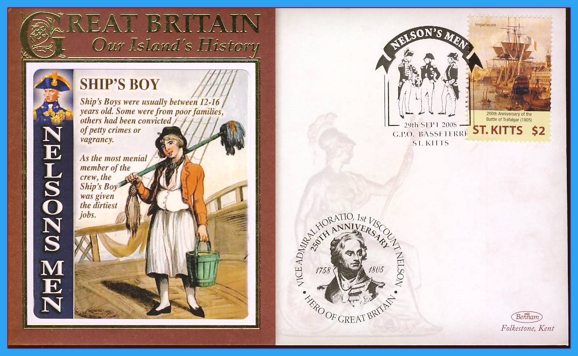 2008 Our Islands History cover SHIP'S BOY Nelsons Men ST.KITTS Trafalgar rc156
