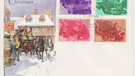 GB Stamps First Day Cover Christmas, Xmas Angels, music, harp, hymn PHILART 1975