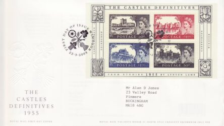 GB Stamps First Day Cover 50th Anniv. Castles def. MS, Regional flowers SHS 2005